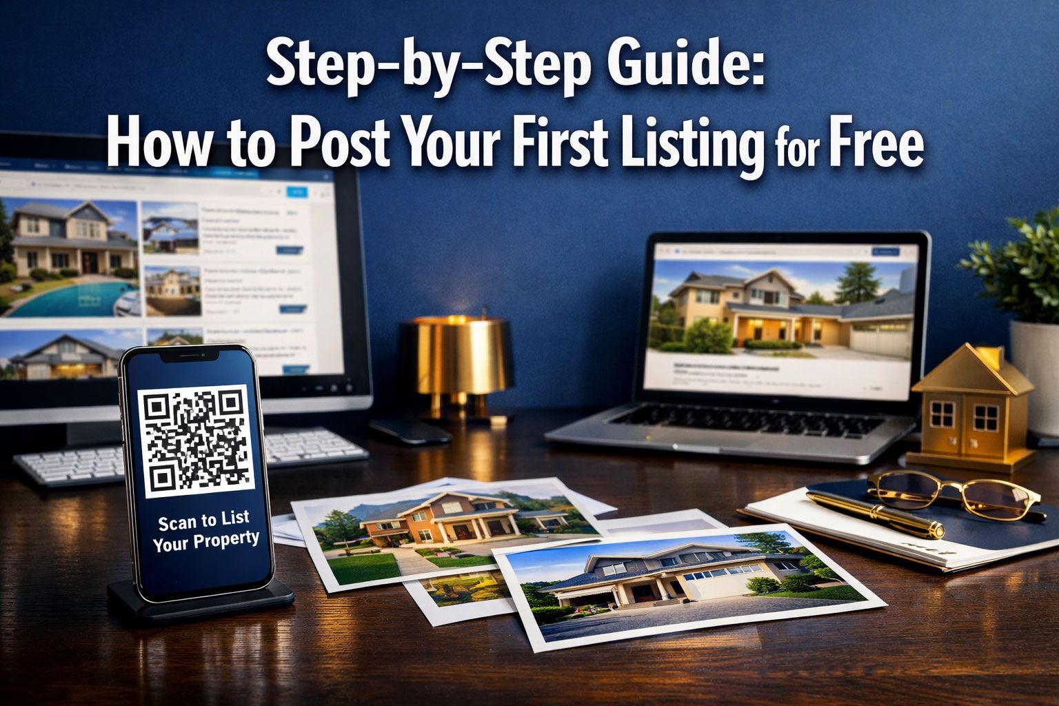 Step-by-Step Guide: How to Post Your First Listing for Free' on modern real estate office with computer screens displaying property listings, smartphone with QR code, and house photos scattered on desk. Color scheme: deep blue, white, gold accents. High contrast, magazine cover quality, editorial style with real estate professional aesthetic.