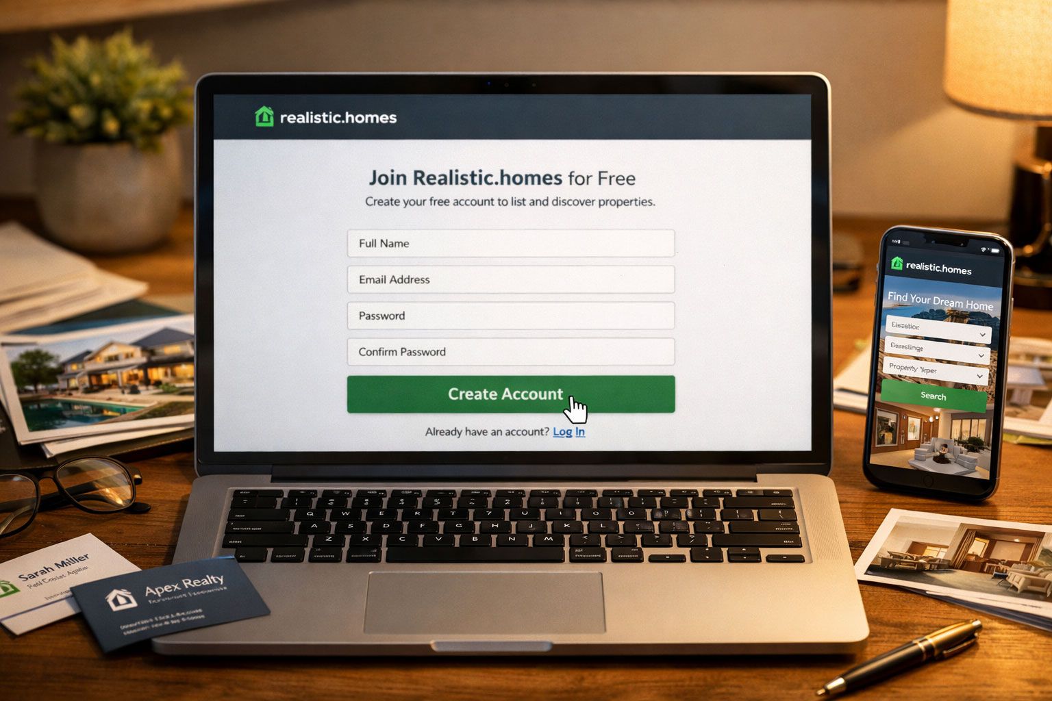 realistic.homes website signup interface on laptop screen, with clean modern design, registration form fields visible, cursor hovering over 'Create Account' button, surrounded by real estate marketing materials including property photos, business cards, and smartphone displaying the mobile version of the free listing website platform, professional lighting with warm office environment