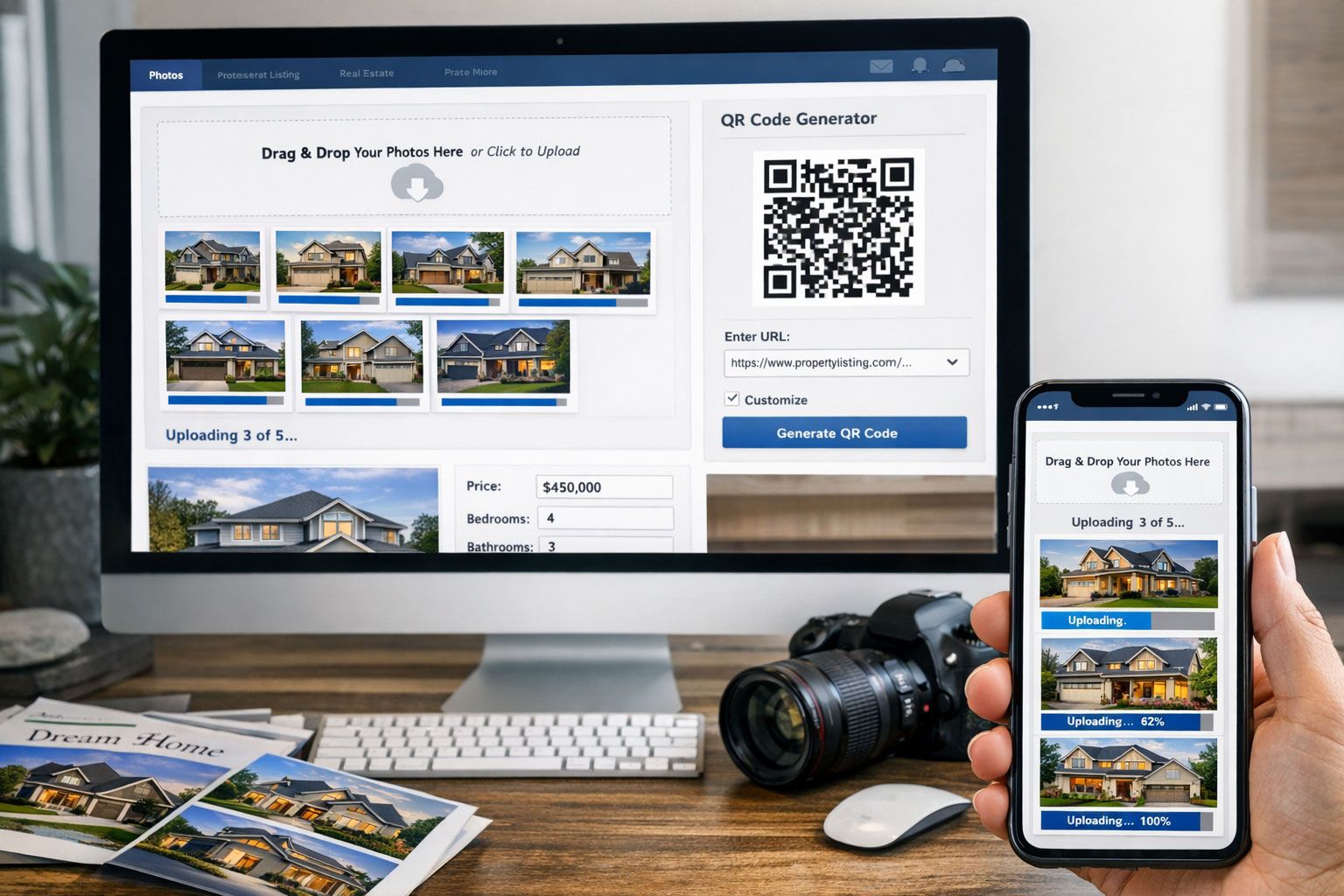 smartphone and computer screens showing photo upload interface with drag-and-drop functionality, multiple high-quality house photos being uploaded, QR code generator tool visible on screen, property listing form with filled details like price, bedrooms, bathrooms, and description fields, modern desk setup with real estate brochures and professional camera in background, emphasizing the complete listing creation process on free listing website platform